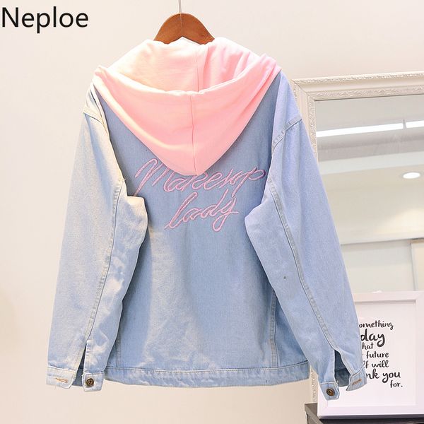 Neploe À Capuche Lettre Brodé Denim Veste Courte Femmes Coréen Harajuku Lâche Étudiant Manteau Patch Abrigo Mujer Automne 46123 201029