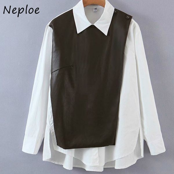 Neploe Japon Style Faux Deux Pièces Conception Femmes Blouse Printemps Automne Faux Cuir PU Chemises Chic Ceinture Femme Blusas 210510