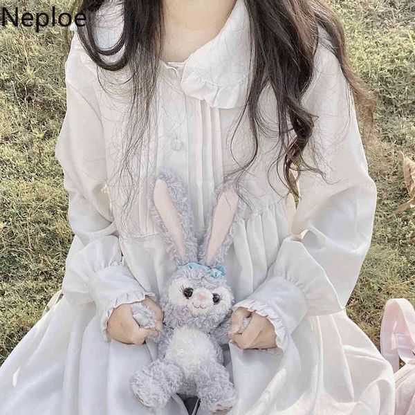Neploe Japonais Blanc Lolita Robe Femmes Col Claudine Doux Kawaii Robes Mujer Lanterne À Manches Longues Lâche Mignon Robes 210422