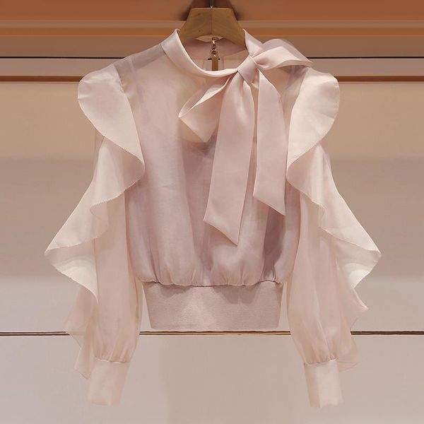 Blusa coreana Neploe, blusas de gasa con cuello de lazo elegante de primavera para Mujer, camisas falsas de dos piezas, Blusas finas con volantes para Mujer 210422