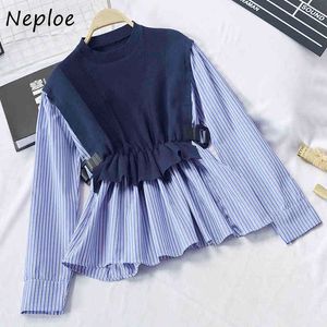 Neploe Coréen Chic Faux Deux Pièces Ensemble Dames Tricoté Cape Patchwork Blouse Femmes Causal Bureau Streetwear Tricot Tops Pull 210423