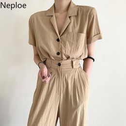 Neploe coréen Chic costume 2 pièces ensemble élégant décontracté poche Vintage chemise taille haute droite jambe large pantalon deux pièces ensembles femmes 210422