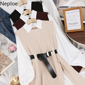 Neploe coréen chic costume deux pièces tenues femmes automne vêtements chemise blanche hauts tricot bandage pull gilet femme roupas 2 pièces ensemble 210422