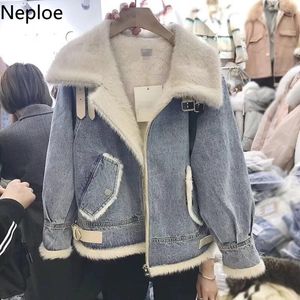 Nepoel koreaanse denim jas vrouwen winter kleding vrouw dikke cowboy uitloper streetwear korte plus fluwelen lam wollen mode jas 210422