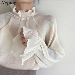 Blusa de moda Vintage coreana Neploe, camisas de mujer con cuello levantado y mangas abullonadas, Blusas plisadas de retazos 67036 210225