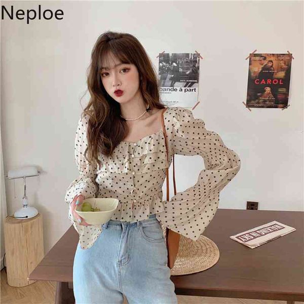 Neploe Coréen Vintage Chemises Femmes Été Doux Blusas Taille Haute Slim Crop Top Élégant Polka Dot Col Carré Chemisier En Mousseline De Soie 210422