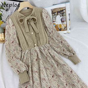 Neploe Lace Up Bow Design Knit Sweater Dress Mujeres Cintura alta Hip A Line Print Vestidos Pullover Manga larga Loose Robe Primavera 210423