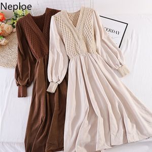 Neploe Maxi Vestidos para mujer con cuello en V Sweet Slim Fit Robe Fake Two Patchwork Ribbed Knitted Vestidos Korean Fashion Dress 210422