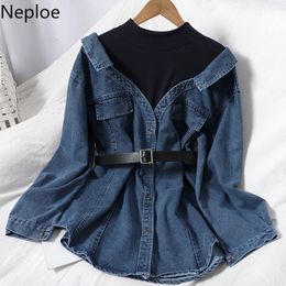 Neploe Patchwork Shirts Nep Tweedelige Vrouwen Blouses Jas Koreaanse Single Breasted Denim Blouse Cowboy Shirt Jasje Bandage Tops 210308