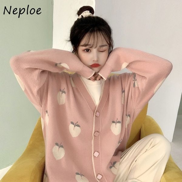 Neploe Peach Pattern Loose Sweet Knit Pull col en V à manches longues Cardigans à simple boutonnage Mode Casual Pull Femme Manteau 201120