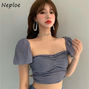 NEPROE PLAID blouse vrouwen Koreaanse mode bladerdeeg korte mouw elegante vierkante kraag sexy crop top mode slim fit blusa shirts 210423