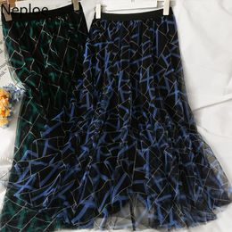 Neploe Plaid Imprimé Jupe Femmes Mi-longueur Gaze A-ligne Jupe D'été Élastique Taille Haute Faldas Mode Coréenne Mince Saia 210422