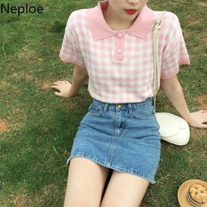 Neploe Plaid été tricoté t-shirts femmes Kawaii mignon hauts à manches courtes t-shirt chemise coréenne Vintage graphique t-shirt femme vêtements 210422