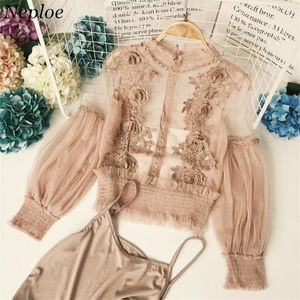 Neploe Plus Size Blusa Blusa Coreana Blusas de encaje Floral Crochet Gasa Camisa de mujer Perspectiva de manga larga 2 piezas Set Top 347881
