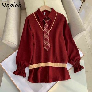 NEPLOE PREPPY STYLE KNIT 2 STKS Dames Set Turn Down Collar Lange Mouwen Shirt + V-hals Mouwloos Vest Loose Suit Spring Suit 210423