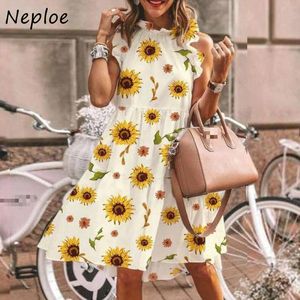 Neploe Print Dress Mujeres Sexy O Cuello Sin mangas Tank Vestidos femeninos Loose Casual Mid Calf A Line Vacation Beach Lady Vestidos 210423