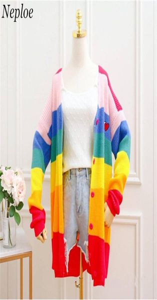 Neploe Rainbow Sweater Cardigan Corea Causean Women Women Chaqueta de punto vneck Caz de suéter de pecho individual 373748826052