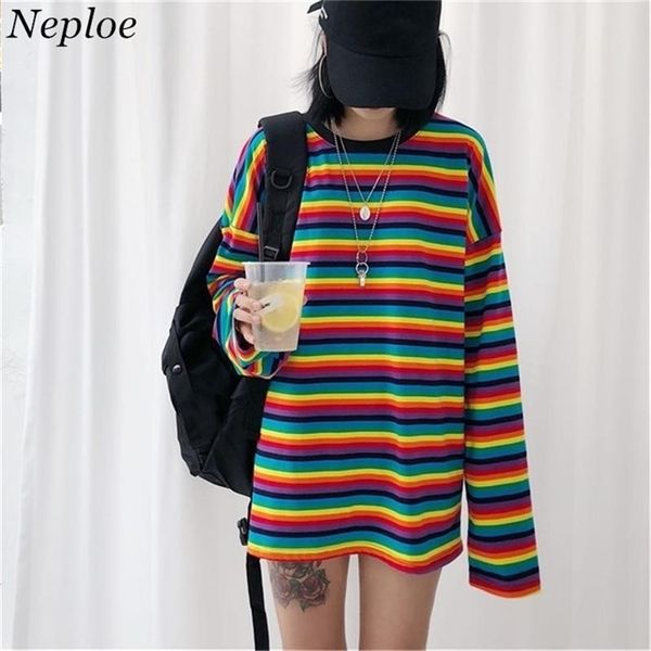Neploe Rainbow Stripe T-shirt Automne Harajuku Femme Chemise À Manches Longues Plus Taille T-shirts Femme Coréen Tops Féminin 37059 210330