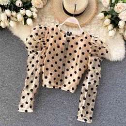 Neple Retro Chic Polka Dot Puff Sleeve Blouse Women O-Neck Zip Panel Femme Blusas Fashion All-Match Shirt 1F917 210326