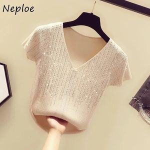 Neploe Rhinestone breien v-neck domans tops korte mouw pullover trui dames 2024 zomer sexy bijgesneden top t-shirts 240410