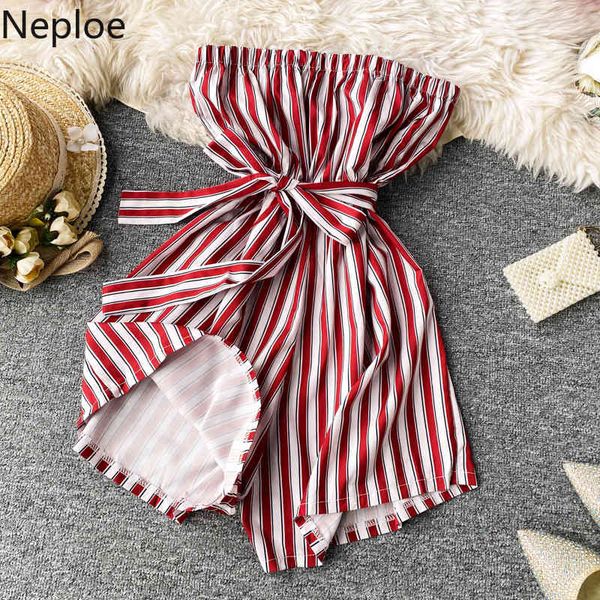 Neploe Rompers Femmes Combinaison Hors Épaule Sans Bretelles Body Casual Vertical Rayé Sexy Dos Nu Jambe Large Globalement 1C316 210423