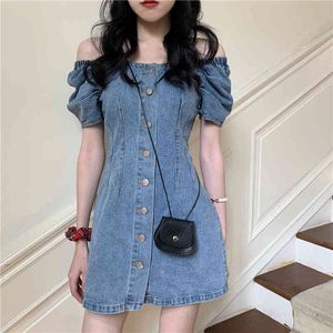 Nepoel sexy korte denim jurk enkele breasted vierkante kraag slim fit casual jurken zomer plus size dunne A-lijn vestidos mujer 210422