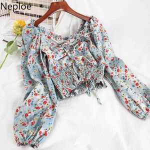 Neploe Sexy Slash Neck Floral Chemises Chic Crop Tops Volants Plissé Cordon Blouses Tops Femmes Blusas Mujer De Moda 210422