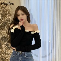 NEPLOE SEXY SLASH COLC SLASH NOUVELLEMENT Bretelles Blouse Femmes Mesh Bow Design Longue manches Blusas SLI Fit T-shirt Velour Femme Printemps 210423