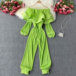 NEPLOE SLASH Hals Schouder Strapless Sexy Jumpsuits Dames Hoge Taille Heup Brede Been Bodysuits Ruffles Patch Lange Mouwen Playsuit 210423