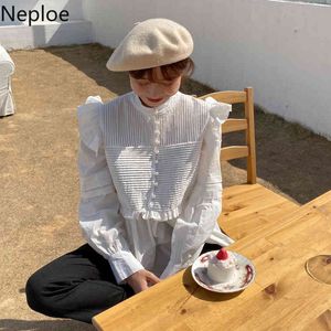 Nepoel lente blouses vrouwen Koreaanse mode lange mouw ruches witte shirts vintage stand kraag elegante enkele breasted tops 210422