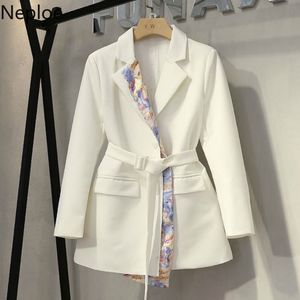 Neploe Printemps Élégant Blazer Manteau Femmes Coréen Patchwork Ceinture Slim Taille Costume Veste À Manches Longues Col Encoché Hauts Blancs 210422