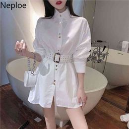 Neploe Primavera Camisa blanca Mujer Manga larga Tallas grandes Blusas Turn Down Collar Blusas Elegante Cintura delgada Moda Algodón Top 210422