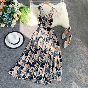 NEPLOE ZOMER 2021 Damesjurk Sexy Bloem Print Camis Vestidos Nieuwe Mode V-nek Backless Slim A-lijn Strandjurken 43165 Y0726