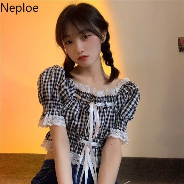 Neploe verano Harajuku blusa mujer japonés dulce Blusas lindo Sexy Lolita camisas temperamento encaje Patchwork Plaid Crop Tops 210422