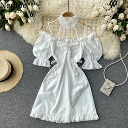 Neploe zomer spaghetti riem jurk vrouwen witte lace-up slanke taille sexy dame mini jurken uitgehold halter vestidos mujer 4i884 210422