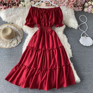 Nepoel zomer vestidos mujer slash nek off schouder jurken vrouwen bladerdeeg korte mouw slim fit gewaad zoete ruches grote schommel jurk 210422