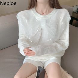 Neploe Sweaters Femmes Chic Heavy Paillettes Bow Pulls tricotés Lâche Blanc Jumper O-Cou Manches Longues Sueter Mujer 4F890 210422