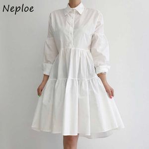 NEPLOE NEPLOE TUN DOWN ROBES SIMPLE SIMPLE SIMPLE Robes Chic coréen Robe de couleur Solide Lanterne à manches longues à la taille haute Vestidos Y0726