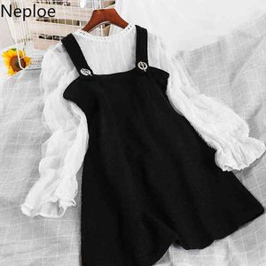 NEPLOE tweedelige outfits voor vrouwen Nieuwe collectie Koreaanse pak Sling Black Dress Sweet Gaas Shirt Tops Vrouwelijke 2 Stuk Set 210422