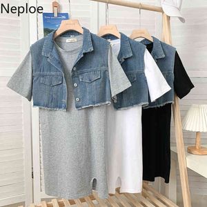 Neploe Conjunto de dos piezas Mujeres Traje coreano de verano O Cuello Camisa dividida Vestido Denim Chaleco sin mangas Casual Femme Trajes Conjunto de 2 piezas 210422