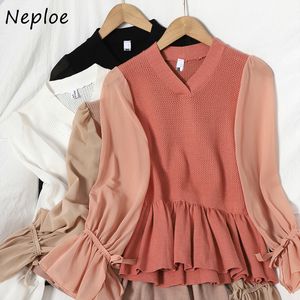 NEPLOE V-hals Gebreide Patchwork Trekkoord Dames Truien Chiffon All-Match Pullovers Koreaanse stijl Sweet Flare Sleeve Coat 210423