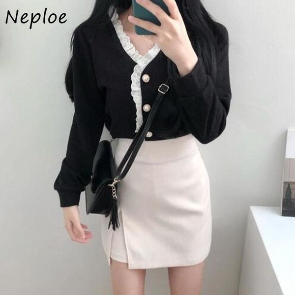 Neploe V cuello encaje patchwork elegante suéter de punto cardigans mujeres manga larga solo pecho delgado pull femme abrigo primavera 210510