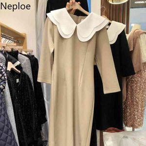 Neploe Robes Mujer All-Match Peter Pan Col Contraste Couleur Patchwork Robe Femmes Solide Slim Manches Longues Robes élégantes 210422