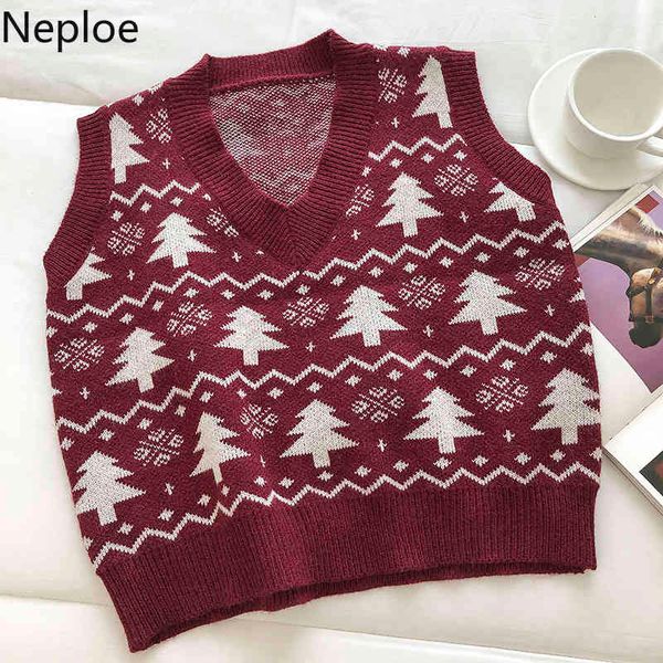 Neploe Vintage árboles de Navidad suéter chaleco mujer cuello en V tejido coreano pulóveres chaleco suelto corto camisetas sin mangas mujer 4H368 210422