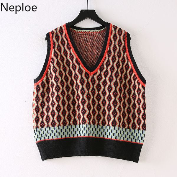 Neploe Vintage Crochet Floral Pulls Gilet Femmes Col V Sans Manches Tricoté Pulls Gilet Lâche Plaid Débardeurs Femme 210422