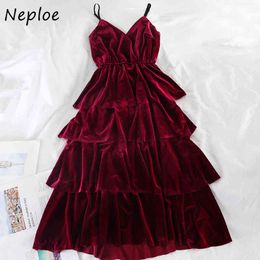 Nepoel vintage hoge taille Pleuche camis jurk herfst elegante sexy v-hals cascading ruches vestidos effen kleur vrouwen jurken 210423