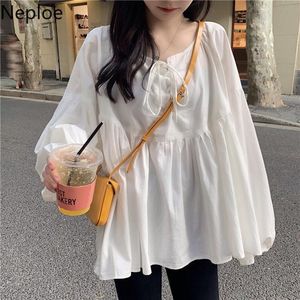 Nepoel wit shirt vrouwelijke Koreaanse losse bandage blusas mujer bladerdeeg mouw plus size blouse chic o hals preppy stijl blouses tops 210422