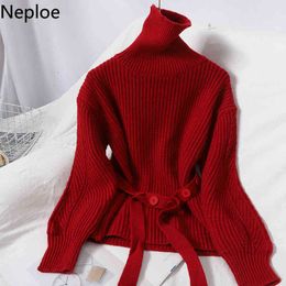 Neploe Vêtements d'hiver Femme Pulls Tuitleneck Lace Up Pulls tricotés Femmes Coréen Tempérament Loose Jumper Sueter Mujer 210422