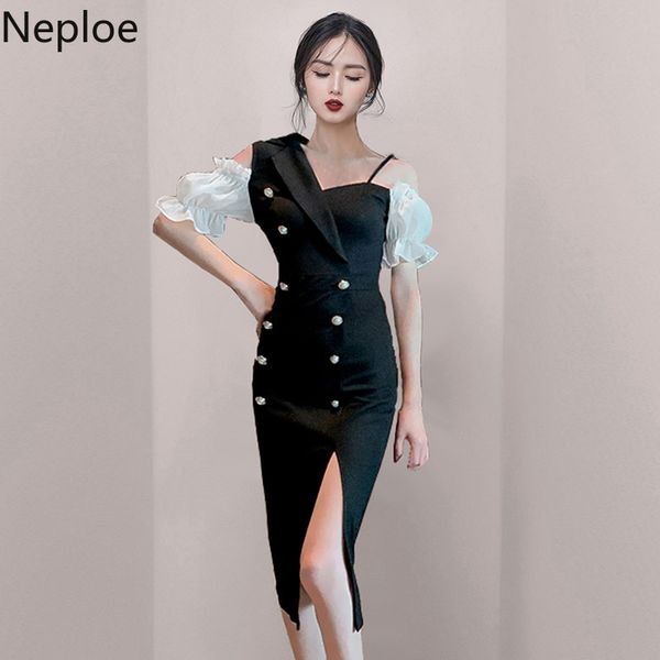 Neploe Femmes Robe D'été Vintage Élégant Robes Hors Épaule À Manches Courtes Split Sling Robe Bureau Moulante Sexy Vestidos 210422