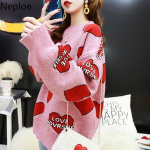 Neploe, suéter de gran tamaño para mujer, jerséis con cuello redondo, jerséis con estampado de letras de corazón dulce, jerséis de punto de calle rosa de manga larga, Tops 54980 201030